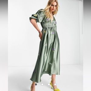 ASOS DESIGN satin gathered detail plunge neck midi dress all over embroidery 6